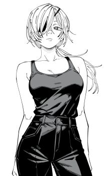 1girl absurdres bare_shoulders breasts chainsaw_man cleavage closed_mouth collarbone commentary_request eyepatch high-waist_pants highres kani_ka_nanika low_ponytail medium_breasts pants ponytail quanxi_(chainsaw_man) simple_background solo tank_top white_background