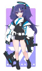 Rule 34 | 1girl, :d, absurdres, black footwear, black gloves, black jacket, black skirt, blue archive, blue necktie, blush, collared shirt, full body, gloves, gun, hand in pocket, highres, holding, holding gun, holding weapon, jacket, long hair, long sleeves, looking at viewer, necktie, open mouth, parted bangs, pleated skirt, puffy long sleeves, puffy sleeves, purple eyes, purple hair, rikumaru, shirt, shoes, sig mpx, skirt, sleeves past wrists, smile, solo, submachine gun, teeth, trigger discipline, two side up, upper teeth only, very long hair, weapon, white jacket, white shirt, yuuka (blue archive)