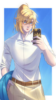 Rule 34 | 1boy, belt, blue background, border, brown belt, cellphone, commentary, contemporary, cowboy shot, double-parted bangs, hair between eyes, highres, holding, holding phone, kuraedo, link, looking at viewer, male focus, nintendo, nose, outside border, pants, phone, photo-referenced, selfie, shirt, short hair, smartphone, solo, the legend of zelda, tongue, tongue out, white border, white shirt, yellow pants