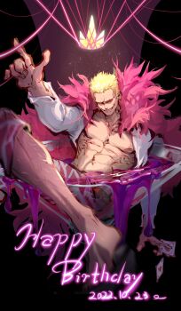 1boy abs blonde_hair cape card dated donquixote_doflamingo earrings feather_cape happy_birthday highres holding holding_card jewelry male_focus one_piece pink_cape shirt short_hair smile solo string sunglasses white_shirt yuan_jessie0430
