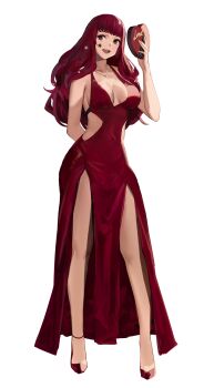 1girl alternate_costume arm_behind_back bare_shoulders box breasts chocolate cleavage clothing_cutout collarbone commentary dress english_commentary facial_mark female_focus fire_emblem fire_emblem_engage hair_ornament heart-shaped_box high_heels highres holding holding_box j@ck jewelry large_breasts long_hair looking_at_viewer matching_hair/eyes medium_breasts necklace nintendo open_mouth red_dress red_eyes red_footwear red_hair simple_background sleeveless sleeveless_dress smile solo star_(symbol) star_facial_mark star_hair_ornament valentine white_background yunaka_(fire_emblem)