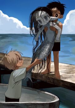 1girl 2boys barefoot black_eyes black_hair black_shorts boat brown_hair carrying carrying_person cloud colored_skin day grey_skin ishida_umi long_hair mermaid monster_girl multiple_boys nude ocean on_boat original outdoors pier pointy_ears rowboat shirt short_hair short_sleeves shorts sleeveless sleeveless_shirt standing t-shirt very_long_hair water watercraft white_shirt