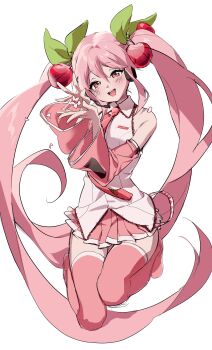 1girl absurdly_long_hair absurdres bow cherry_hair_ornament collared_shirt commentary detached_sleeves double-parted_bangs food-themed_hair_ornament full_body green_bow hair_between_eyes hair_bow hair_ornament hands_up hatsune_miku highres kneeling long_bangs long_hair long_sleeves looking_at_viewer miniskirt necktie nyancul open_mouth petals pink_eyes pink_hair pink_necktie pink_skirt pink_sleeves pink_theme pleated_skirt sakura_miku shirt simple_background skirt smile solo twintails very_long_hair vocaloid white_background white_shirt wide_sleeves wing_collar