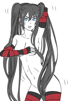 1girl arm_up black_hair blue_eyes breasts convenient_censoring covering_breasts covering_privates dharakjoo elbow_gloves facial_mark female_focus fingerless_gloves genderswap genderswap_(mtf) gloves long_hair looking_at_viewer naruto:_road_to_ninja naruto_(series) naruto_shippuuden navel ninja simple_background solo thighhighs twintails uzumaki_menma very_long_hair whiskers white_background