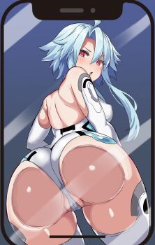 Rule 34 | 1girl, against fourth wall, against glass, ahoge, ass, ass focus, ass on glass, ass press, bare shoulders, blue hair, blush, breasts, choujigen game neptune, compile heart, elbow gloves, from behind, gloves, huge ass, idea factory, leotard, looking at viewer, looking back, medium breasts, neptune (series), open mouth, partially visible vulva, red eyes, short hair with long locks, sideboob, solo, stiris rangetsu, thighhighs, white heart (neptunia)