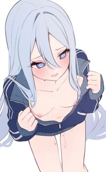 1girl @_@ absurdres blue_eyes blue_hair blue_jacket blush bottomless breasts collarbone commentary_request cowboy_shot double-parted_bangs from_above genmai_komeko hair_between_eyes hair_intakes hair_over_shoulder hands_up highres invisible_chair jacket jacket_partially_removed long_hair long_sleeves looking_down naked_jacket navel nipples open_mouth project_sekai puffy_long_sleeves puffy_sleeves pussy_juice sidelocks simple_background sitting small_breasts smile solo straight_hair sweatdrop thigh_gap very_long_hair white_background yoisaki_kanade