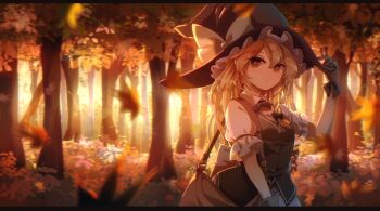 1girl arm_up autumn_leaves bag black_gloves black_hat black_vest blonde_hair bow braid breasts buttons collared_shirt commentary_request dated falling_leaves forest gloves hair_between_eyes hair_ribbon hand_on_headwear hat hat_bow highres kirisame_marisa leaf lips long_hair looking_at_viewer maple_leaf medium_breasts nature outdoors puffy_short_sleeves puffy_sleeves revision ribbon shirt short_sleeves single_braid solo standing strap tami_(joemanyodw) touhou tree vest white_bow white_shirt wing_collar witch_hat yellow_eyes