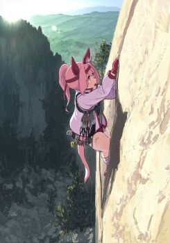 1girl 4me_4ma animal_ears bandaid bandaid_on_leg bow buruma carabiner cliff climbing day duplicate ear_bow ear_covers fingerless_gloves flower-shaped_pupils flower_in_eye gloves hairband haru_urara_(bestest_prize)_(umamusume) haru_urara_(umamusume) hashtag-only_commentary headband highres horse_ears horse_girl horse_tail jacket long_hair mountain_climbing open_mouth outdoors pink_buruma pink_eyes pink_hair pink_headband ponytail red_buruma red_gloves red_headband rock_climbing safety_belt shirt sky smile socks solo striped_clothes striped_socks symbol-shaped_pupils symbol_in_eye tail tree umamusume white_jacket white_shirt