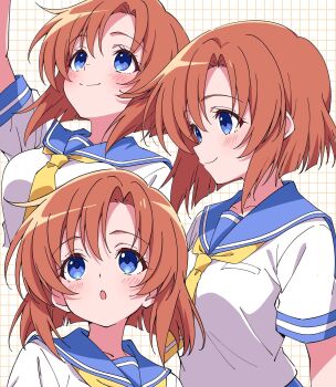 1girl :o arm_up blue_eyes blue_sailor_collar blunt_ends blush breasts brown_hair closed_mouth commentary_request grid_background highres higurashi_no_naku_koro_ni medium_breasts multiple_views necktie niyane parted_bangs ryuuguu_rena sailor_collar school_uniform serafuku shirt short_hair short_sleeves smile upper_body white_background white_shirt yellow_necktie