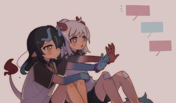 2girls ahoge arknights black_hair black_shorts blank_speech_bubble blue_hair blush_stickers brown_eyes closed_mouth collared_shirt dragon_girl dragon_horns dragon_tail dusk_(arknights) feet_out_of_frame fire flame-tipped_tail grey_background grey_hair hair_over_one_eye highres horns knees_up multicolored_hair multiple_girls nian_(arknights) notice_lines outstretched_arm parted_lips pointy_ears ponytail purple_eyes red_hair scrape shirt short_shorts short_sleeves shorts siblings sifeizui simple_background sisters speech_bubble streaked_hair tail white_shirt