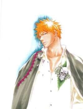 1boy bleach brown_eyes buttons collarbone cracked_mask dress_shirt hollow_mask kubo_tite kurosaki_ichigo male_focus official_art orange_hair shihakusho shirt short_hair simple_background skull_print spiked_hair upper_body white_background