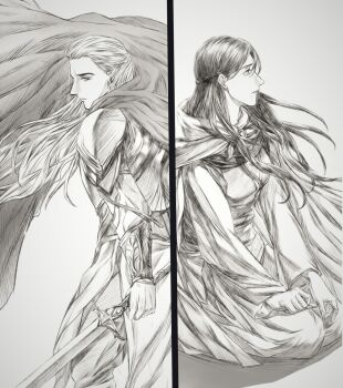 Rule 34 | 1boy, 1girl, aegnor, andreth, armor, braid, cape, closed mouth, elf, eyelashes, floating clothes, floating hair, highres, holding, holding sword, holding weapon, kneeling, long hair, monochrome, panels, parted lips, pointy ears, profile, shoulder armor, simple background, sitting, sketch, sword, the silmarillion, tolkien's legendarium, weapon, yinque
