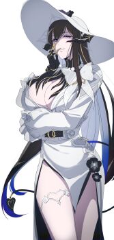 1girl absurdres black_hair blue_hair bow breasts center_opening cleavage constance_(honkai:_star_rail) demon_girl demon_tail dress fire frilled_dress frills gloves gradient_hair grey_hat hair_between_eyes hand_on_own_cheek hand_on_own_face hat highres honkai:_star_rail honkai_(series) jewelry large_breasts long_hair long_sleeves looking_at_viewer mole mole_under_eye multicolored_hair open_mouth purple_eyes side_slit simple_background solo sou_mei standing sun_hat tail thighlet thighs two-tone_hair upper_body white_background white_dress white_gloves