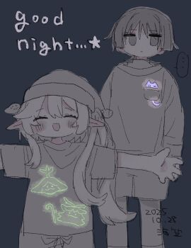 ... 1boy 1girl aranara_(genshin_impact) arms_at_sides asymmetrical_sidelocks black_background blunt_ends blush breast_pocket closed_eyes closed_mouth dated drawstring empty_eyes english_text eyelashes facing_viewer genshin_impact glowing hair_between_eyes hair_ornament hat height_difference highres jitome layered_shirt leaf leaf_hair_ornament long_hair long_sleeves looking_at_viewer muted_color nahida_(genshin_impact) nightcap open_hands open_mouth outstretched_arms pocket pointy_ears scaramouche_(genshin_impact) shirt short_sleeves shorts side_ponytail sidelocks sketch spoken_ellipsis standing umigasa wispy_bangs