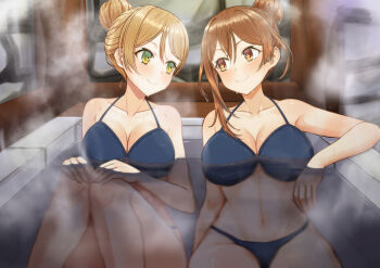 2girls atelier_(series) atelier_ryza blonde_hair blush breasts brown_eyes brown_hair cleavage commentary_request green_eyes highres janqoo89 klaudia_valentz large_breasts multiple_girls partially_submerged reisalin_stout same-sex_bathing shared_bathing yuri