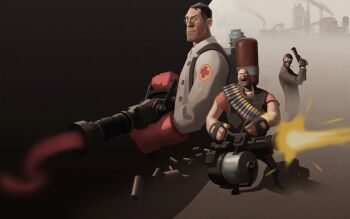 Rule 34 | 3boys, ammunition, balaclava, bald, bandolier, belt, black gloves, black hair, brown jacket, casing ejection, closed mouth, coat, fat, fat man, fingerless gloves, firing, game cg, gatling gun, glasses, gloves, gun, handgun, heavy (tf2), holding, holding gun, holding weapon, industrial, jacket, long sleeves, male focus, mask, medi gun, medic (tf2), minigun, multiple boys, official art, open mouth, red gloves, red heavy (tf2), red medic (tf2), red spy (tf2), revolver, round eyewear, shell casing, short hair, spy (tf2), standing, team fortress 2, third-party source, very short hair, weapon, white coat