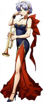 1girl anklet aqua_eyes armlet bare_arms bare_shoulders blue_dress blue_shoes bracelet breasts choker cleavage closed_mouth curtained_hair dress earrings flower_earrings full_body game_cg gold_trim grey_hair hair_ornament hand_on_own_face high_heels holding holding_instrument instrument jewelry langrisser langrisser_ii langrisser_mobile layered_dress looking_at_viewer medium_breasts official_alternate_costume official_art pumps red_choker red_dress ribbon sherry_(langrisser) shoes short_hair side_slit simple_background sleeveless sleeveless_dress smile solo standing tachi-e third-party_source transparent_background trumpet