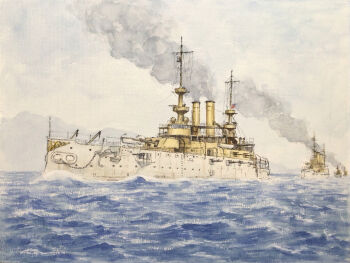 american_flag atelier_bono battleship cloud cloudy_sky commentary_request highres mast military_vehicle no_humans ocean original painting_(medium) sailing ship ship_turret sky smokestack traditional_media united_states_navy uss_illinois_(bb-7) warship watercolor_(medium) watercraft