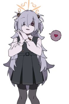 1girl black_hair black_pantyhose blue_archive dress feet_out_of_frame halo heart highres kanoe_(blue_archive) long_hair long_sleeves looking_at_viewer miyamura_(mymr06) open_mouth orange_halo own_hands_together pantyhose pinafore_dress shaded_face shirt simple_background sleeveless sleeveless_dress solo spoken_heart very_long_hair white_background white_shirt