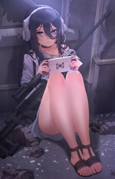 1girl absurdres bags_under_eyes bandaid bandaid_on_knee bandaid_on_leg black_hair black_sandals broken_glass broken_window choker closed_mouth debris exia_(nikke) expressionless feet glass goddess_of_victory:_nikke graynacht grey_eyes gun hair_between_eyes handheld_game_console headset highres holding holding_handheld_game_console jacket legs_together long_hair looking_at_viewer off_shoulder official_art on_floor open_clothes open_jacket playing_games purple_eyes rifle sandals sitting sniper_rifle solo weapon