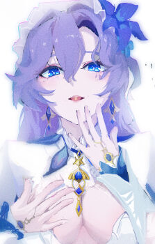 1girl 37sanshiqi absurdres blue_eyes blue_flower breasts cantarella_(wuthering_waves) chinese_commentary cleavage commentary_request earrings facial_mark film_grain flower hair_between_eyes hair_flower hair_ornament hand_up headdress heavy_film_grain highres jewelry long_hair looking_at_viewer mark_under_eye medium_breasts partial_commentary purple_hair shrug_(clothing) simple_background solo upper_body white_background white_shrug wuthering_waves