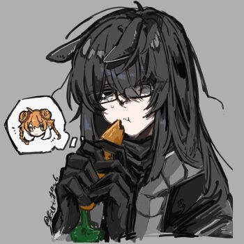 1boy black_coat black_eyes black_gloves black_hair braid carrot coat commentary_request eating glasses gloves grey_background grey_scarf heishou_pack-wu_branch_(identity)_(project_moon) highres hongyuan_(identity)_(project_moon) horse_boy ishmael_(project_moon) kiri_ya_6 limbus_company long_hair orange_hair project_moon sad scarf sidelocks simple_background speech_bubble thought_bubble twin_braids