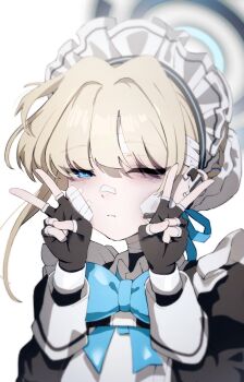 1girl absurdres apron bags_under_eyes bandaged_head bandaged_neck bandages bandaid bandaid_on_face bandaid_on_nose black_dress black_gloves blonde_hair blue_archive blue_bow blue_bowtie blue_eyes blue_halo bow bowtie bun_cover closed_mouth collar commentary dot_nose double_v dress eyes_visible_through_hair fingerless_gloves frilled_apron frilled_headband frills gloves halo hanakonenne headset highres long_single_sidelock long_sleeves maid_apron maid_headdress one_eye_closed portrait simple_background toki_(blue_archive) v white_apron white_background white_collar white_headdress