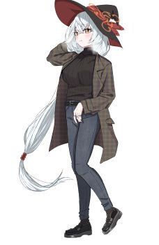 1girl absurdres beads black_hat black_shirt black_shoes blue_archive blue_pants blush brown_cardigan cardigan closed_mouth commentary_request eri_(blue_archive) full_body hair_beads hair_between_eyes hair_ornament halo hat hat_ribbon highres jewelry kuroro_0427 long_hair long_sleeves multiple_rings orange_halo pants red_ribbon ribbon ring shirt shoes simple_background tilted_halo very_long_hair white_background white_hair witch_hat