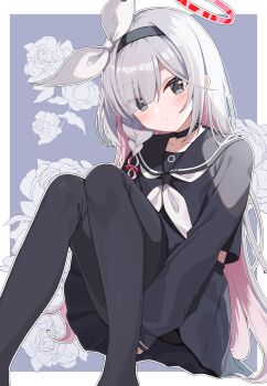 1girl absurdres black_choker black_hairband black_pantyhose black_sailor_collar black_serafuku black_shirt black_skirt blue_archive choker commentary_request grey_eyes grey_hair hair_over_one_eye hairband halo highres long_hair multicolored_hair neckerchief one_eye_covered pantyhose pink_hair plana_(blue_archive) red_halo sailor_collar school_uniform serafuku shirokuma_(zeroillya) shirt skirt solo thighs two-tone_hair white_neckerchief