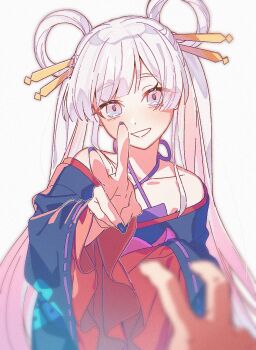 2girls bare_shoulders blue_eyes blue_kimono blue_nails blurry blurry_foreground cho_kaguya-hime! commentary_request frilled_sleeves frills hair_ornament hair_rings hair_stick highres japanese_clothes kimono long_hair long_sleeves looking_at_viewer multiple_girls nail_polish out_of_frame pov pov_hands runami_yachiyo sakayori_iroha smile solo_focus tika_yuduki twintails upper_body v white_background white_hair wide_sleeves