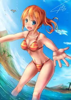 1girl ajidot bikini bird blue_eyes blue_sky breasts cleavage cloud collarbone commentary english_commentary highres looking_at_viewer mechanic_(terraria) navel offering_hand open_mouth orange_bikini orange_hair outdoors signature sky smile solo striped_bikini striped_clothes swimsuit terraria tree wading water