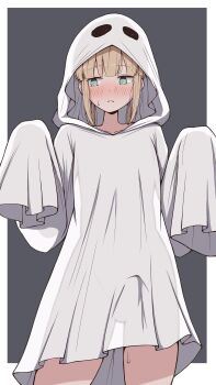 1boy absurdres alternate_costume androgynous averting_eyes azuki_(ne_4zk) blonde_hair blunt_ends blush border bright_pupils bulge captain_nemo_(fate) choppy_bangs closed_mouth collarbone commentary_request cowboy_shot embarrassed fate/grand_order fate_(series) ghost_costume green_eyes grey_background groin halloween halloween_costume hands_up highres hood hood_up light_frown long_sidelocks medium_hair naked_costume nemo_(fate) nervous_sweating see-through_clothes sheet_ghost sidelocks sleeves_past_fingers sleeves_past_wrists solo standing sweat white_border white_pupils