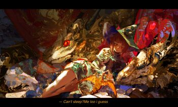 1girl absurdres brown_hair colorful commentary dark_skin dragon english_commentary hat highres kevin_adi lying on_side original red_eyes scales wizard_hat