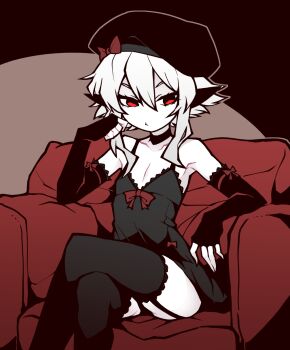 1girl akableak armchair beret black_choker black_dress black_hat chair choker crossed_legs dress feet_out_of_frame flat_chest garter_straps hat high_contrast highres red_eyes sitting solo sternum tri_fold_tale