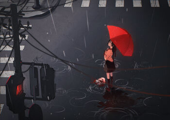 1girl black_hair black_shoes black_skirt black_socks braid breasts brown_eyes cat closed_mouth commentary crosswalk dead_animal glasses hanekawa_tsubasa highres holding holding_umbrella juliet_sleeves kneehighs large_breasts loafers long_hair long_sleeves looking_at_viewer low_twin_braids monogatari_(series) naoetsu_high_school_uniform nekomonogatari pink_shirt pleated_skirt power_lines puffy_sleeves rain ripples road school_uniform shirt shoes sidewalk skirt socks solo sonnambulo777 standing street symbol-only_commentary traffic_light twin_braids umbrella utility_pole