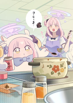 ! 2girls alternate_costume animal_costume apron black_bow black_bowtie blue_archive blue_bow bow bowtie coffee_beans comiket_107 commentary_request ekoru feathered_wings hair_bun hair_ornament halo highres holding holding_ladle holding_spoon indoors ladle light_blush long_hair low_wings mika_(blue_archive) multiple_girls nervous_sweating open_mouth pink_hair purple_apron revision single_side_bun speech_bubble spoon sweat table translated wings yellow_eyes