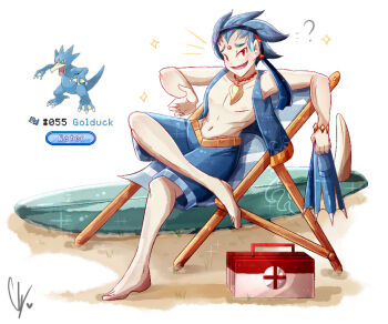 Rule 34 | 1boy, ?, barefoot, beach chair, blue hair, blue headband, blue vest, blush, endifi, first aid kit, flippers, forehead jewel, full body, gen 1 pokemon, golduck, headband, holding flippers, jewelry, lifeguard, looking at viewer, male focus, navel, necklace, nintendo, open mouth, personification, pokemon, pokemon (creature), red eyes, reference inset, short hair, sitting, sparkle, surfboard, vest