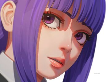 1girl artist_name blurry boruto:_two_blue_vortex close-up commentary drawink eyebrows_hidden_by_hair film_grain highres kakei_sumire naruto_(series) parted_lips pink_lips portrait purple_eyes purple_hair sidelocks solo