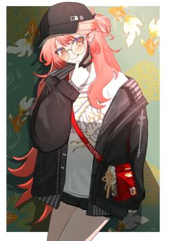 1girl animal_print arknights bag baseball_cap bespectacled black_hat black_jacket black_mask black_shorts border commentary cowboy_shot fish_print glasses green_background hair_up haruka_(arknights) haruka_(casual)_(arknights) hat highres jacket long_hair long_sleeves mask_pull nikaidou_tetsuo official_alternate_costume pink_eyes pink_hair pointy_ears shirt shorts solo white_border white_shirt