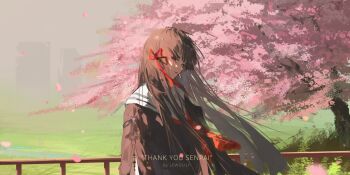 1girl absurdres arm_cannon artist_name black_hair black_jacket chisa_(wuthering_waves) closed_mouth commentary english_text hair_ribbon highres jacket lewdlily66 long_hair looking_at_viewer neckerchief outdoors red_eyes red_neckerchief red_ribbon ribbon sailor_collar solo tacet_mark_(wuthering_waves) weapon white_sailor_collar wind wuthering_waves