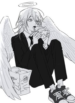 1boy androgynous angel_devil_(chainsaw_man) angel_wings bag black_necktie black_suit burger chainsaw_man collared_shirt food formal_clothes greyscale hair_between_eyes halo holding holding_burger holding_food imminent_bite invisible_floor looking_to_the_side male_focus medium_hair monochrome necktie open_mouth paper_bag shirt shoes simple_background sitting sneakers solo suit white_background wings yamada_(onigori105)