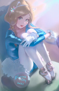 Rule 34 | 1=2, 1girl, :d, athletic leotard, ballerina, ballet slippers, baraag, blonde hair, blue eyes, blue leotard, braid, cameltoe, chair, dated, gloves, hairband, hashtag, highres, hugging own legs, leotard, linnea (baraag), lipstick, long hair, long sleeves, looking at viewer, makeup, on chair, open mouth, original, pantyhose, red lips, sitting, smile, solo, twin braids, twintails, white gloves, white pantyhose