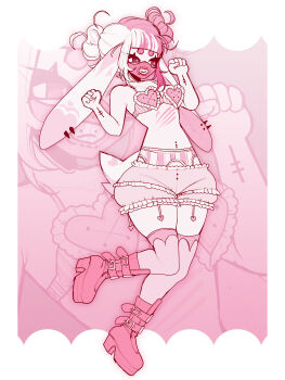 absurdres adoptable angelbite_(piercing) animal_ears arm_tattoo bloomers blunt_bangs boots bra colored_skin double_bun dreamalgia ear_piercing eyelashes floating furry garter_belt goth_fashion hair_bun highres lingerie mask mouth_mask multicolored_hair muzzle_(mask) navel navel_piercing original pastel_goth pear-shaped_figure piercing pink_hair pink_theme rabbit_ears rabbit_girl rabbit_tail scar skindentation split-color_hair tail tattoo thighhighs thighs underwear white_hair white_skin zoom_layer