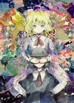 2girls black_hair black_skirt black_vest blonde_hair blunt_bangs bow bowtie buttons closed_mouth collared_dress collared_shirt contrast_collar covering_another's_eyes disembodied_eye dress facing_viewer frills gap_(touhou) hair_bow highres long_sleeves maribel_hearn multiple_girls necktie no_headwear open_mouth purple_dress purple_eyes red_bow red_bowtie red_necktie sano_naoi shirt short_hair skirt sleeve_cuffs standing string string_of_fate touhou usami_renko vest white_bow white_shirt