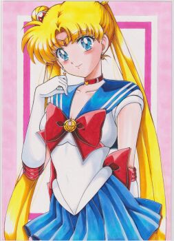 1girl absurdres bishoujo_senshi_sailor_moon blonde_hair blue_eyes blue_sailor_collar bow chikoto_(kztc4472) choker closed_mouth collarbone double_bun earrings elbow_gloves gloves hair_bun hair_ornament hand_up highres jewelry long_hair looking_at_viewer photo_(medium) pink_background red_choker sailor_collar sailor_moon sailor_senshi_uniform skirt smile solo traditional_media transformation_brooch_(sailor_moon) tsukino_usagi twintails white_gloves
