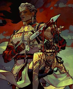 2girls abstract_background ambessa_(league_of_legends) arcane:_league_of_legends arm_guards armor artist_name artist_request bare_shoulders blood blood_on_face blood_splatter bloody_weapon brown_hair closed_mouth colored_veins dark-skinned_female dark_skin dreadlocks earrings face_piercing glitter glitter_makeup gold_tattoo green_background green_eyes grey_hair hair_up headpiece highres holding holding_sword holding_weapon jewelry katar league_of_legends leaning_forward leaning_to_the_side lip_piercing long_hair looking_down looking_to_the_side mel_(league_of_legends) mother_and_daughter multiple_girls muscular muscular_female parted_lips piercing plate_armor red_lips ring_piercing shade sleeveless standing sword thorns torn_clothes upper_body very_dark_skin weapon