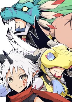 Rule 34 | 1girl, 2boys, aegiomon, covered eyes, digimon, digimon (creature), digimon story: time stranger, facial mark, group picture, highres, horns, mercurymon, minervamon, mitosupa (qsiqydfz7nesh9w), multiple boys, pointy ears, red scarf, scarf, short hair, upper body, white hair