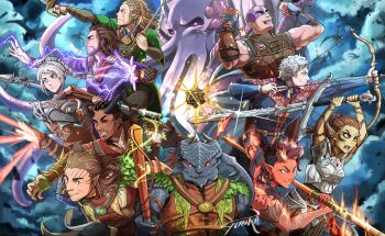 Rule 34 | 4girls, 6+boys, aiming, armor, arrow (projectile), astarion, bald, baldur's gate, baldur's gate 3, black hair, blonde hair, boo (baldur's gate), bow (weapon), braid, brown hair, cloud, colored sclera, colored skin, dark-skinned male, dark skin, dragon, dragonborn (d&amp;d), dungeons & dragons, dungeons &amp; dragons, earrings, elf, everyone, facial hair, gale (baldur's gate), gith (d&amp;d), gunka (maggot0111), halsin, hamster, heterochromia, highres, holding, holding bow (weapon), holding sword, holding weapon, horns, jaheira, jewelry, karlach, lae'zel, magic, mindflayer, minsc, multiple boys, multiple girls, open mouth, pointy ears, red skin, reptile boy, scar, scar on face, smile, sword, tiefling, weapon, white hair, wyll (baldur's gate), yellow sclera