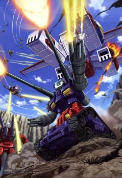 Rule 34 | 1980s (style), 1990s (style), absurdres, arm cannon, army, artist request, canopy (aircraft), canyon, caterpillar tracks, cloud, cloudy sky, damaged, debris, dirty, dual arm cannons, dust cloud, earth federation, explosion, faux traditional media, firing, fleet, flying, gopp (gundam), guncannon, gundam, gundam perfect file, guntank, highres, magazine scan, mecha, mecha focus, mobile suit, mobile suit gundam, muzzle flash, no humans, official art, oldschool, promotional art, retro artstyle, robot, scan, scene reference, science fiction, shoulder cannon, sky, spacecraft, starfighter, traditional media, war, weapon, white base, zeon