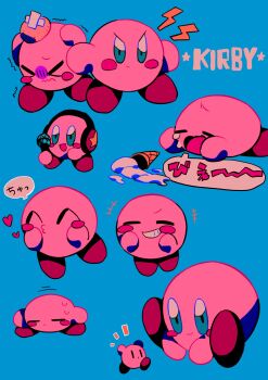>_< ^3^ angry blue_background blush_stickers closed_eyes crying food green_eyes grin head_bump headphones heart highres holding holding_microphone ice_cream ice_cream_cone ice_cream_cone_spill kirby kirby_(series) menma_(enaic31) microphone multiple_views nintendo no_humans open_mouth simple_background smile speech_bubble sweatdrop translation_request trembling vanilla wavy_mouth